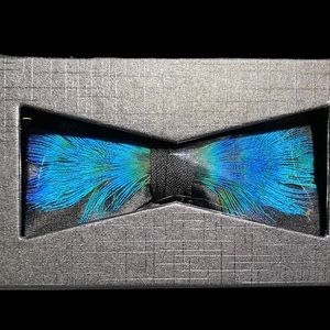 Blue Feather Bow Tie. Box included as in photos